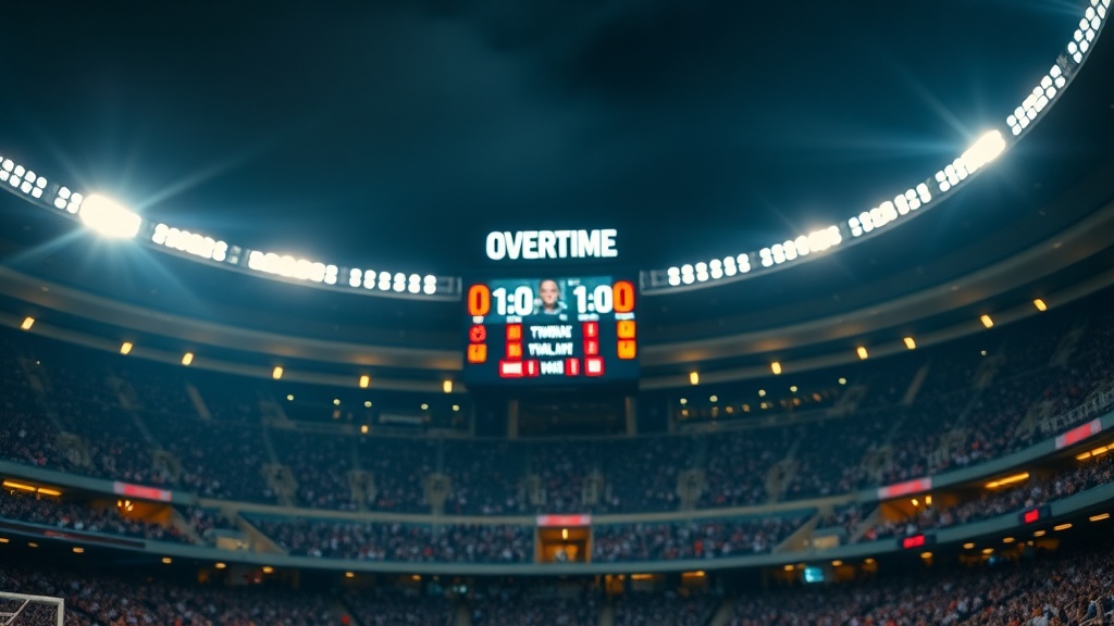 경기장 전광판에 표시된 연장전 시간과 점수를 보여주는 장면